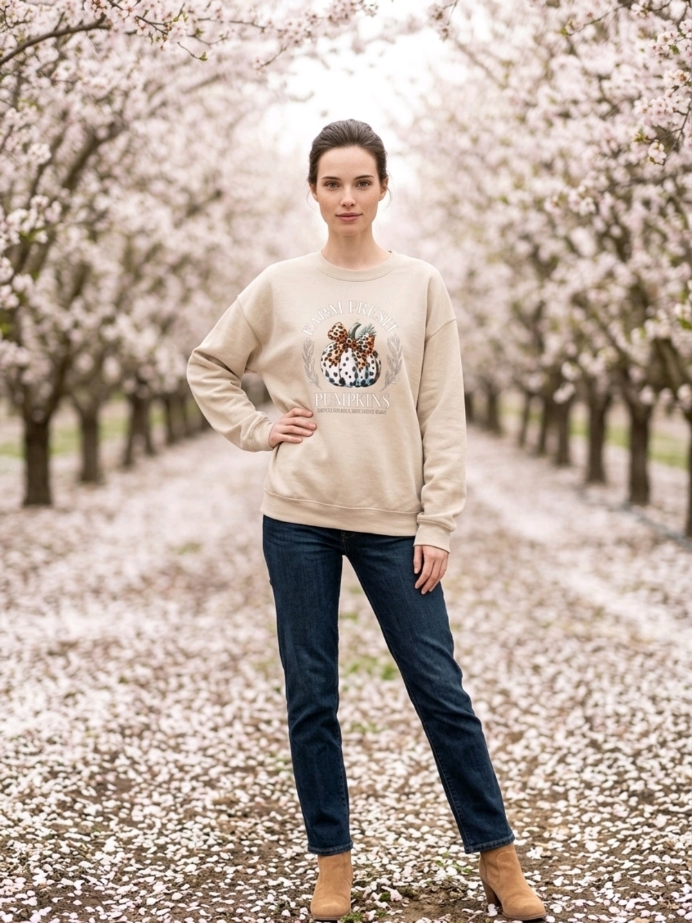 Beige Graphic Crewneck Sweatshirt - Pumpkin Patch Design